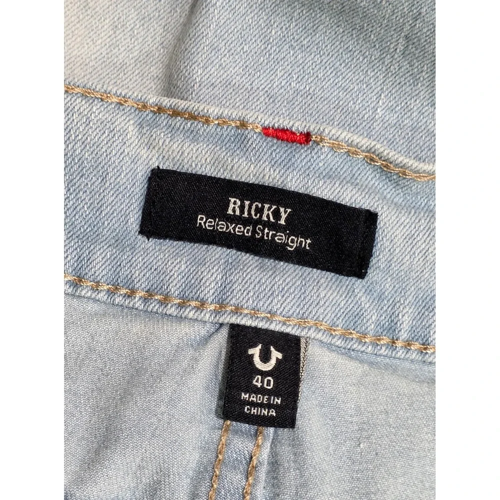 True Religion Ricky Relaxed Straight Denim Shorts Mens 40 Light Blue  Red Stitch
